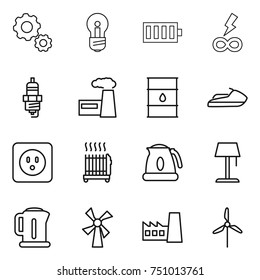 thin line icon set : gear, bulb, battery, infinity power, spark plug, factory, barrel, jet ski, socket, radiator, kettle, floor lamp, windmill
