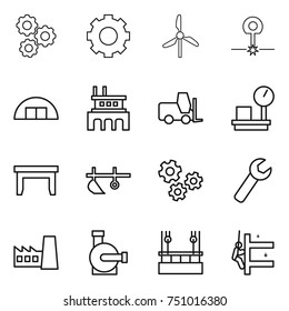 thin line icon set : gear, windmill, laser, hangare, factory, fork loader, warehouse scales, table, plow, gears, wrench, water pump, skysrcapers cleaning, skyscrapers