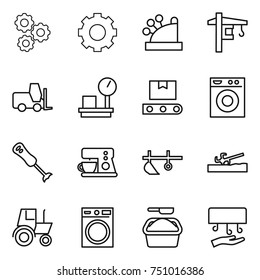 thin line icon set : gear, cashbox, tower crane, fork loader, warehouse scales, transporter tape, washing machine, blender, coffee maker, plow, soil cutter, tractor, powder, hand dryer