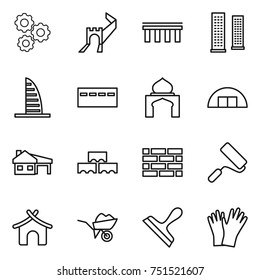 thin line icon set : gear, greate wall, bridge, skyscrapers, skyscraper, bunker, minaret, hangare, house with garage, block, brick, repair, bungalow, wheelbarrow, scraper, gloves