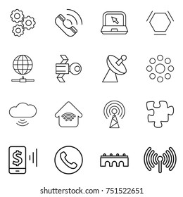 thin line icon set : gear, call, notebook, hex molecule, globe connect, satellite, antenna, round around, cloud wireless, home, puzzle, mobile pay, phone, bridge