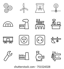 thin line icon set : gear, windmill, nuclear power, laser, hangare, factory, customs control, railroad shipping, socket, plow, wrench, water pump, skyscrapers cleaning