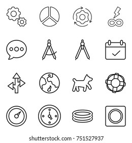 thin line icon set : gear, diagram, around, infinity power, balloon, draw compass, drawing compasses, terms, route, earth, dog, lifebuoy, barometer, watch, inflatable pool, ring button