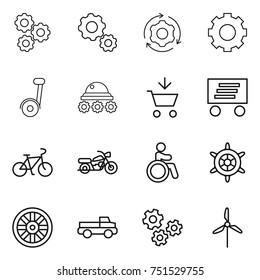 thin line icon set : gear, around, segway, lunar rover, add to cart, delivery, bike, motorcycle, invalid, handwheel, wheel, pickup, gears, windmill
