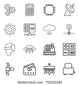 thin line icon set : gear, calculator, chip, satellite antenna, round around, server, cloud wireless, laser, virtual mask, ufo, cashbox, credit card, air conditioning, toaster