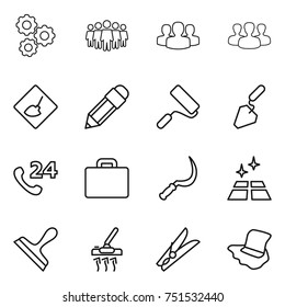 thin line icon set : gear, team, group, under construction, pencil, repair, phone 24, suitcase, sickle, clean floor, scraper, vacuum cleaner, clothespin, washing