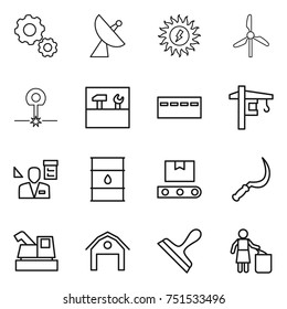 thin line icon set : gear, satellite antenna, sun power, windmill, laser, tools, bunker, tower crane, architector, barrel, transporter tape, sickle, harvester, barn, scraper, garbage bin