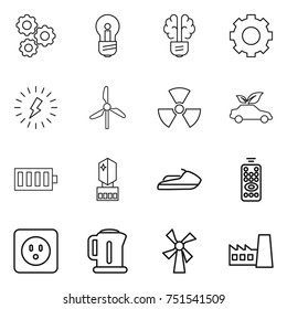 thin line icon set : gear, bulb, brain, lightning, windmill, nuclear, eco car, battery, crystall memory, jet ski, remote control, power socket, kettle, factory