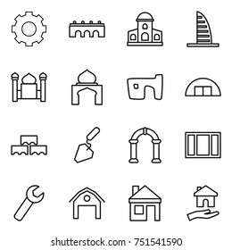 thin line icon set : gear, bridge, mansion, skyscraper, minaret, slum, hangare, block wall, construction, arch, window, wrench, barn, house, housing