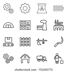 thin line icon set : gear, nuclear power, battery, hangare, modular house, factory, transporter tape, pallet, plow, sickle, gears, barn, sweeper, garbage bin