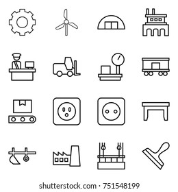 thin line icon set : gear, windmill, hangare, factory, customs control, fork loader, warehouse scales, railroad shipping, transporter tape, power socket, table, plow, skysrcapers cleaning, scraper