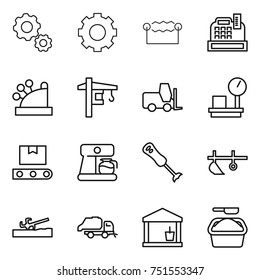 thin line icon set : gear, electrostatic, cashbox, tower crane, fork loader, warehouse scales, transporter tape, coffee maker, blender, plow, soil cutter, trash truck, utility room, washing powder