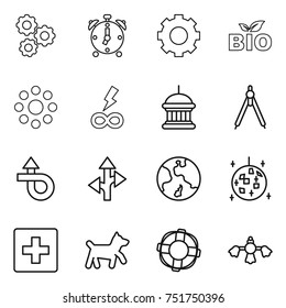 thin line icon set : gear, alarm clock, bio, round around, infinity power, goverment house, drawing compasses, trip, route, earth, disco ball, first aid, dog, lifebuoy, hard reach place cleaning