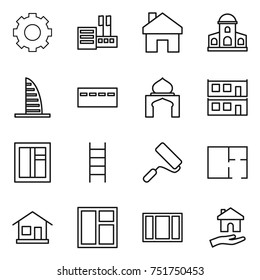 thin line icon set : gear, store, home, mansion, skyscraper, bunker, minaret, modular house, window, stairs, repair, plan, housing