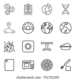 thin line icon set : gear, report, circle diagram, dna, car pointer, donut, globe, earth, disco ball, ring button, table, washing, cutting board, grill oven, wheel, toilet brush