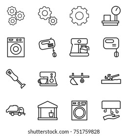 thin line icon set : gear, warehouse scales, washing machine, mixer, coffee maker, blender, plow, soil cutter, trash truck, utility room, hand dryer