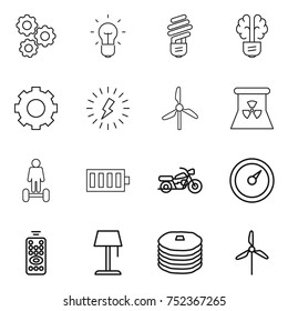 thin line icon set : gear, bulb, brain, lightning, windmill, nuclear power, hoverboard, battery, motorcycle, barometer, remote control, floor lamp, pancakes