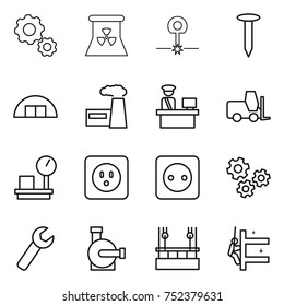 thin line icon set : gear, nuclear power, laser, nail, hangare, factory, customs control, fork loader, warehouse scales, socket, gears, wrench, water pump, skysrcapers cleaning, skyscrapers