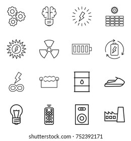 thin line icon set : gear, bulb brain, lightning, sun power, nuclear, battery, charge, infinity, electrostatic, barrel, jet ski, remote control, speaker, factory