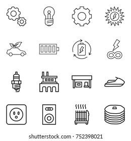 thin line icon set : gear, bulb, sun power, eco car, battery, charge, infinity, spark plug, factory, gas station, jet ski, socket, speaker, radiator, pancakes