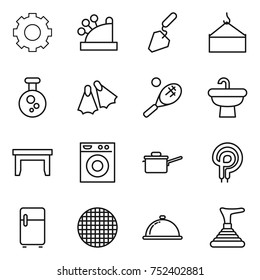 thin line icon set : gear, cashbox, construction, loading crane, chemical, flippers, tennis, sink, table, washing machine, saute pan, elecric oven, fridge, sieve, meal cap, plunger