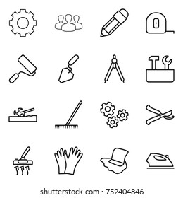 thin line icon set : gear, group, pencil, measuring tape, repair, construction, drawing compasses, tools, soil cutter, rake, gears, pruner, vacuum cleaner, gloves, floor washing, iron