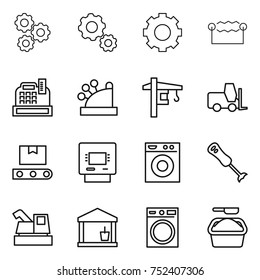 thin line icon set : gear, electrostatic, cashbox, tower crane, fork loader, transporter tape, atm, washing machine, blender, harvester, utility room, powder