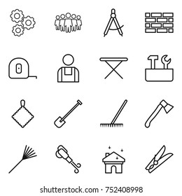 thin line icon set : gear, team, draw compass, brick wall, measuring tape, workman, iron board, repair tools, rag, shovel, rake, axe, blower, house cleaning, clothespin