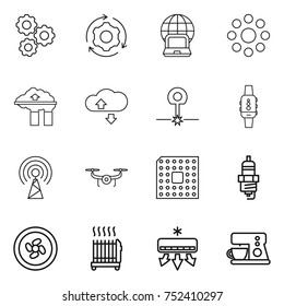 thin line icon set : gear, around, notebook globe, round, factory filter, cloude service, laser, smart watch, antenna, drone, cpu, spark plug, cooler fan, radiator, air conditioning, coffee maker