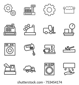 thin line icon set : gear, cashbox, electrostatic, fork loader, warehouse scales, washing machine, mixer, coffee maker, soil cutter, harvester, trash truck, hand dryer