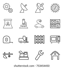 thin line icon set : gear, satellite antenna, sun power, nuclear, microscope, electric car, modular house, measuring tape, fork loader, pallet, microwave oven, plow, harvester, wrench, barn