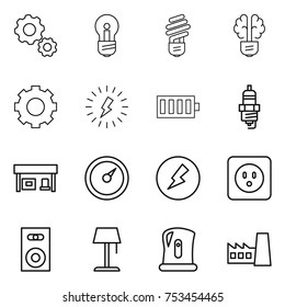 thin line icon set : gear, bulb, brain, lightning, battery, spark plug, gas station, barometer, electricity, power socket, speaker, floor lamp, kettle, factory