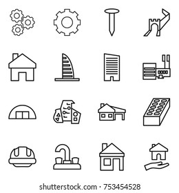 thin line icon set : gear, nail, greate wall, home, skyscraper, mall, hangare, modern architecture, house with garage, brick, building helmet, water tap, housing