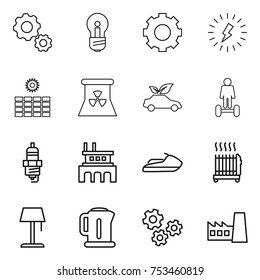 thin line icon set : gear, bulb, lightning, sun power, nuclear, eco car, hoverboard, spark plug, factory, jet ski, radiator, floor lamp, kettle, gears
