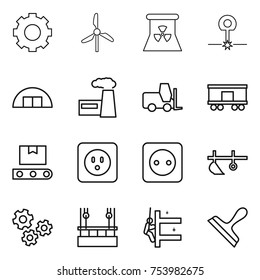 thin line icon set : gear, windmill, nuclear power, laser, hangare, factory, fork loader, railroad shipping, transporter tape, socket, plow, gears, skysrcapers cleaning, skyscrapers, scraper