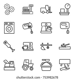 thin line icon set : gear, cashbox, fork loader, warehouse scales, washing machine, mixer, coffee maker, blender, plow, soil cutter, harvester, tractor, powder, hand dryer