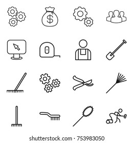 thin line icon set : gear, money bag, group, monitor arrow, measuring tape, workman, shovel, rake, gears, pruner, brush, duster, vacuum cleaner