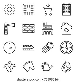 thin line icon set : gear, cpu, add to cart, building, lighthouse, brick wall, factory, smart house, clock, train, jellyfish, watch, corn, horse, watering can, microb