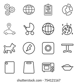 thin line icon set : gear, globe, report, circle diagram, car pointer, baby stroller, disco ball, dog, electricity, ring button, table, cutting board, grill oven, foam basin