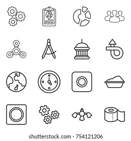 thin line icon set : gear, report, circle diagram, group, spinner, draw compass, goverment house, trip, earth, watch, ring button, washing, gears, hard reach place cleaning, toilet paper