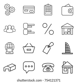 thin line icon set : gear, card, clipboard, wallet, group, diagram, percent, warehouse, notebook globe, remove from basket, label, skyscraper, sms, phone, house