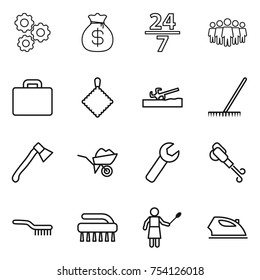 thin line icon set : gear, money bag, 24 7, team, suitcase, rag, soil cutter, rake, axe, wheelbarrow, wrench, blower, brush, woman with duster, iron