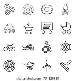 thin line icon set : gear, around, hoverboard, lunar rover, add to cart, delivery, baby stroller, bike, motorcycle, invalid, handwheel, wheel, wheelbarrow, windmill, scraper