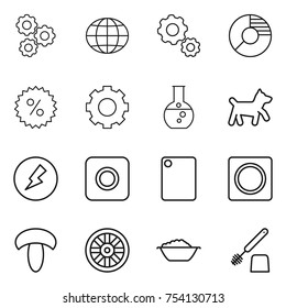 thin line icon set : gear, globe, circle diagram, percent, round flask, dog, electricity, ring button, cutting board, mushroom, wheel, foam basin, toilet brush