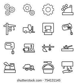 thin line icon set : gear, cashbox, tower crane, fork loader, atm, mixer, coffee maker, plow, soil cutter, harvester, trash truck, washing powder, hand dryer