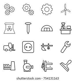 thin line icon set : gear, windmill, nuclear power, nail, hangare, customs control, fork loader, socket, plow, wrench, factory, water pump, skyscrapers cleaning, scraper