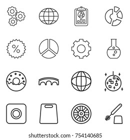 thin line icon set : gear, globe, report, circle diagram, percent, round flask, donut, bridge, disco ball, ring button, cutting board, wheel, toilet brush
