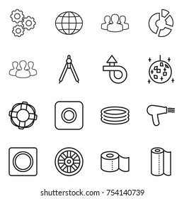 thin line icon set : gear, globe, group, circle diagram, drawing compasses, trip, disco ball, lifebuoy, ring button, inflatable pool, hair dryer, wheel, toilet paper, towel