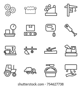 thin line icon set : gear, electrostatic, cashbox, tower crane, warehouse scales, transporter tape, mixer, blender, coffee maker, plow, soil cutter, harvester, tractor, trash truck, washing powder