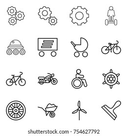 thin line icon set : gear, hoverboard, lunar rover, delivery, baby stroller, bike, motorcycle, invalid, handwheel, wheel, wheelbarrow, windmill, scraper